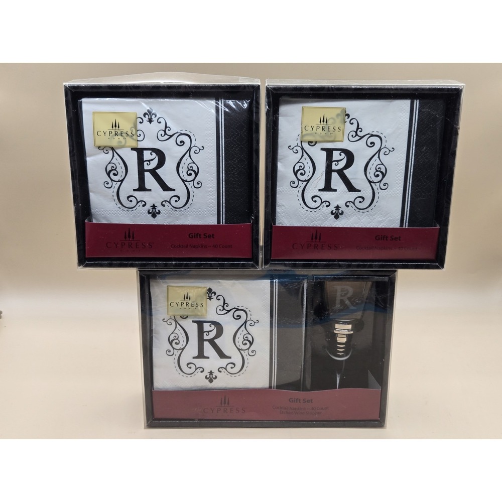 Cypress Home Gift Set Etched Glass Wine Stopper Letter R‎ Monogram/w 120 Napkins
